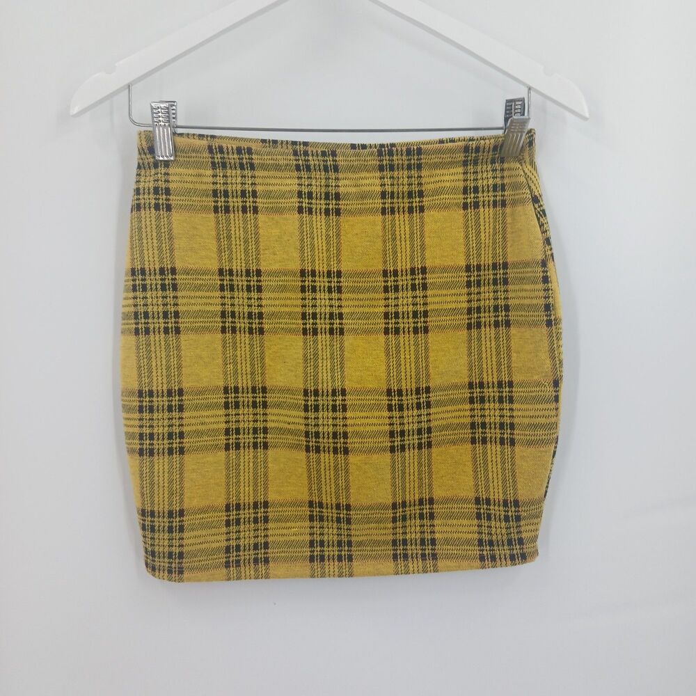 womans popular 21 size large yellow and grey plaid mini skirt stretchy preppy